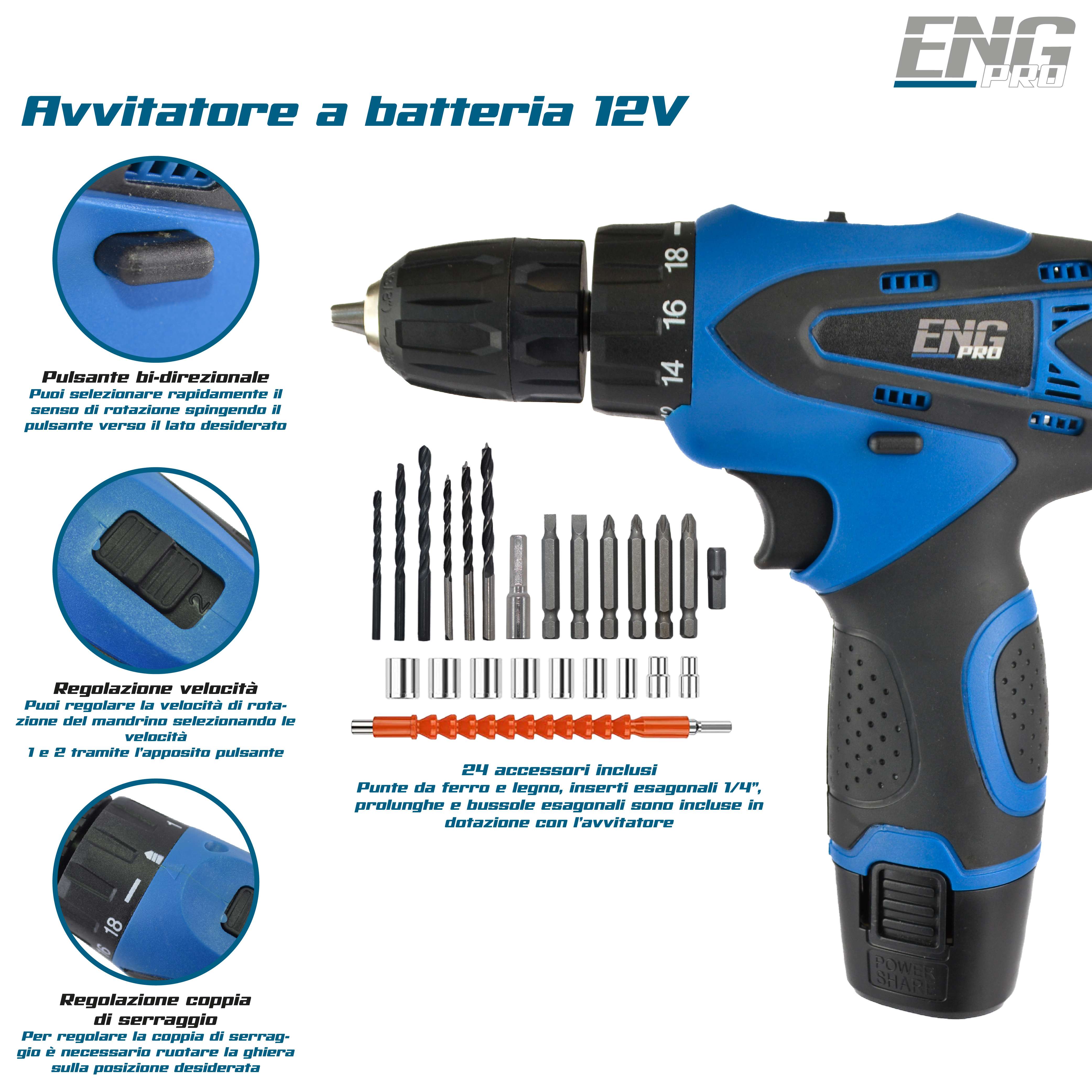 Trapano avvitatore a batteria 12V, valigetta 24 accessori - ENG PRO - UM ET AB12