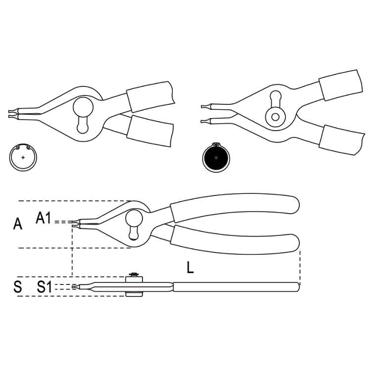 Pinza reversibile a becchi diritti per anelli elastici di sicurezza, fori alberi 1039 150