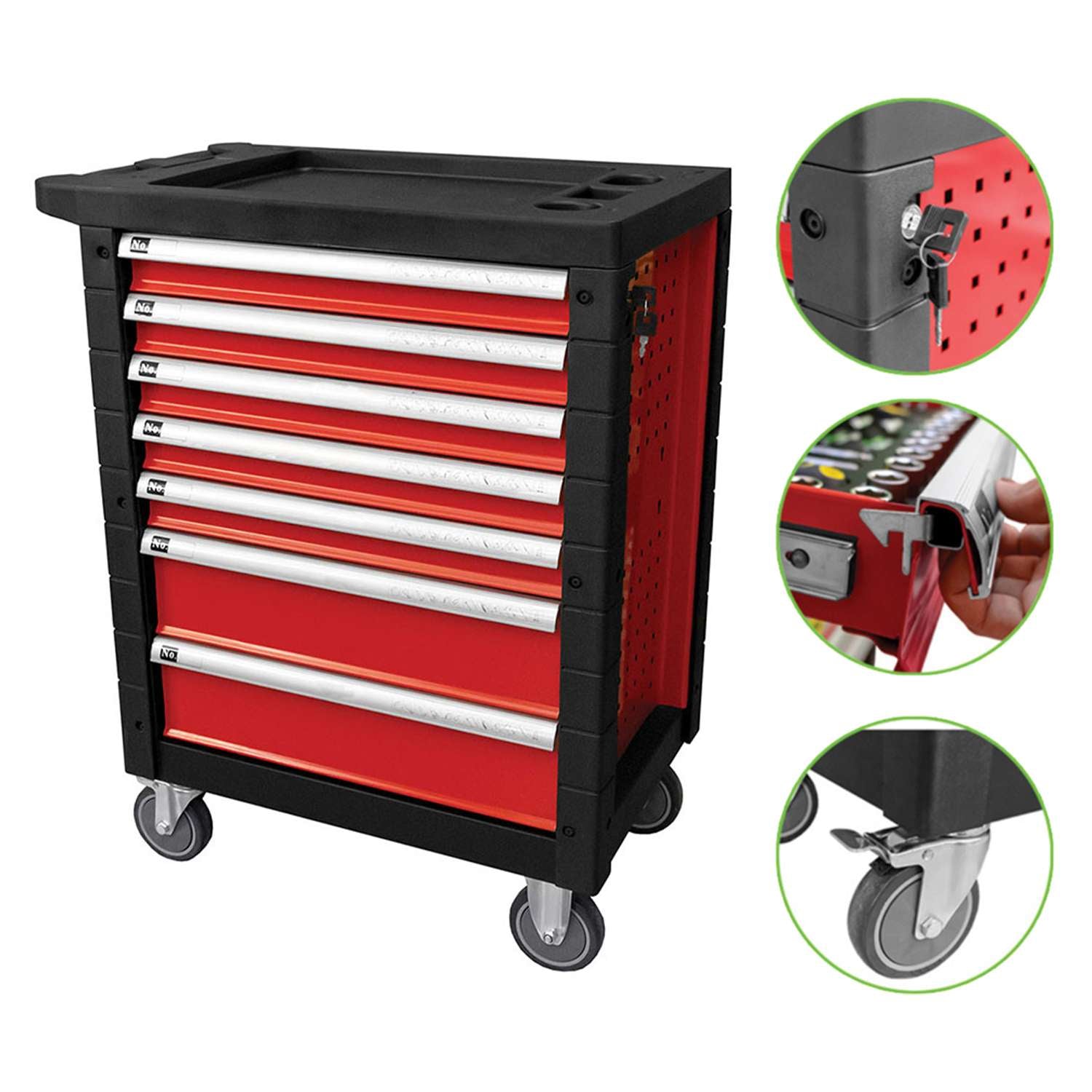 Carrello porta utensili rosso con 7 cassetti completo di 172 utensili - Fermec FM53686