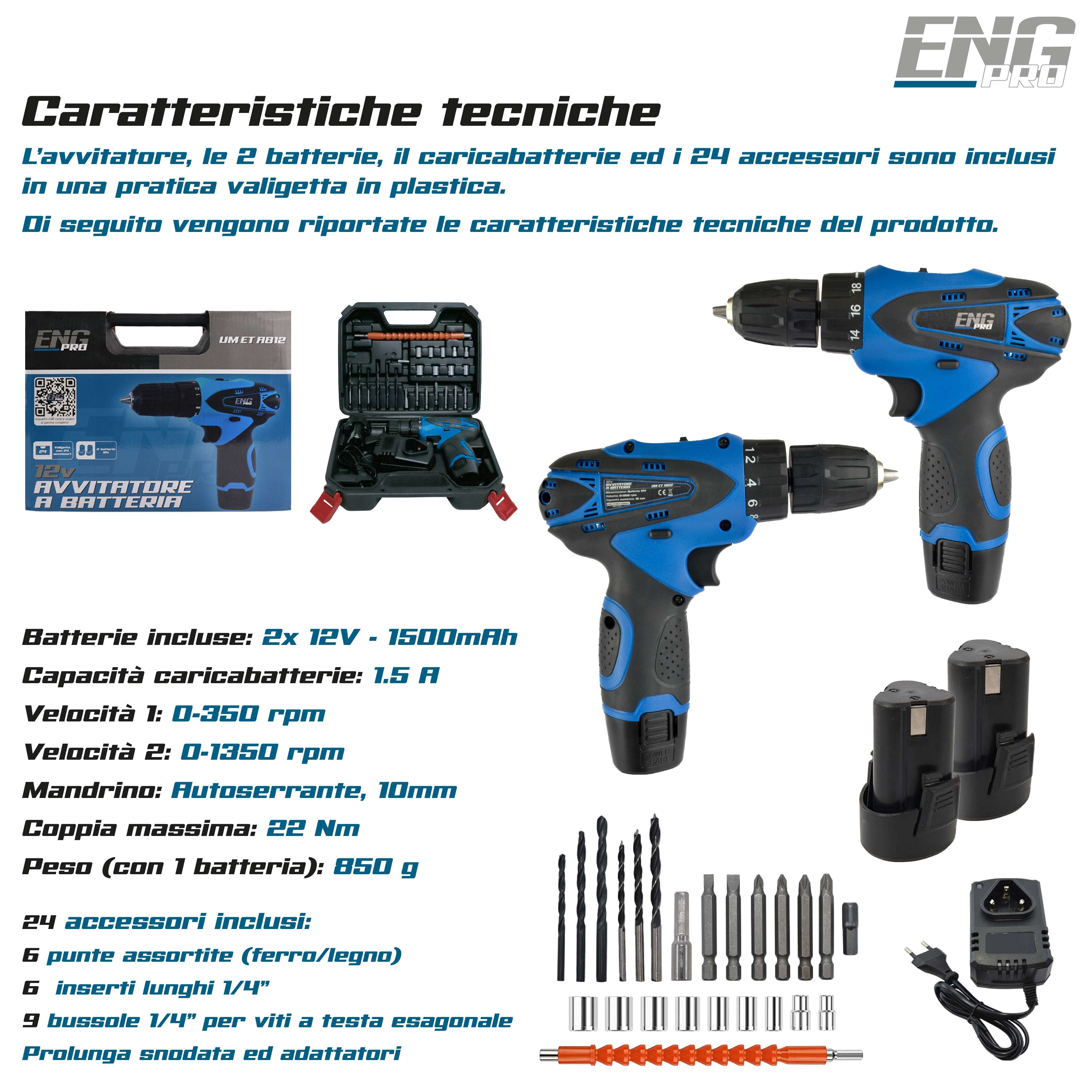 Trapano avvitatore a batteria 12V, valigetta 24 accessori - ENG PRO - UM ET AB12