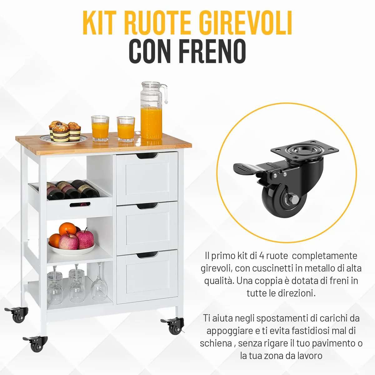 Kit 4 ruote antigraffio girevoli per mobili piccole con freno diametro 50mm