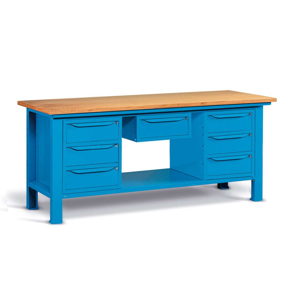 Banco da lavoro per officina piano in legno 2000 X 750 X 880 H - 2 armadi 3 cassetti + 1 armadio 1 cassetto - FAMI - Blu