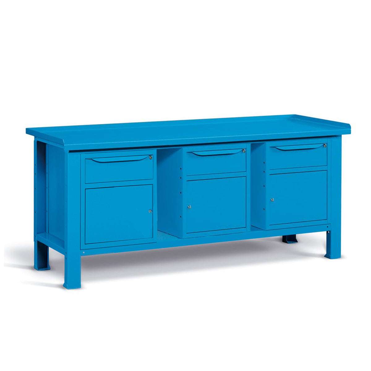 Banco da lavoro per officina piano in acciaio 2007 x 705 x 855 H - 3 armadi 1 cassetto 1 porta - FAMI - Blu