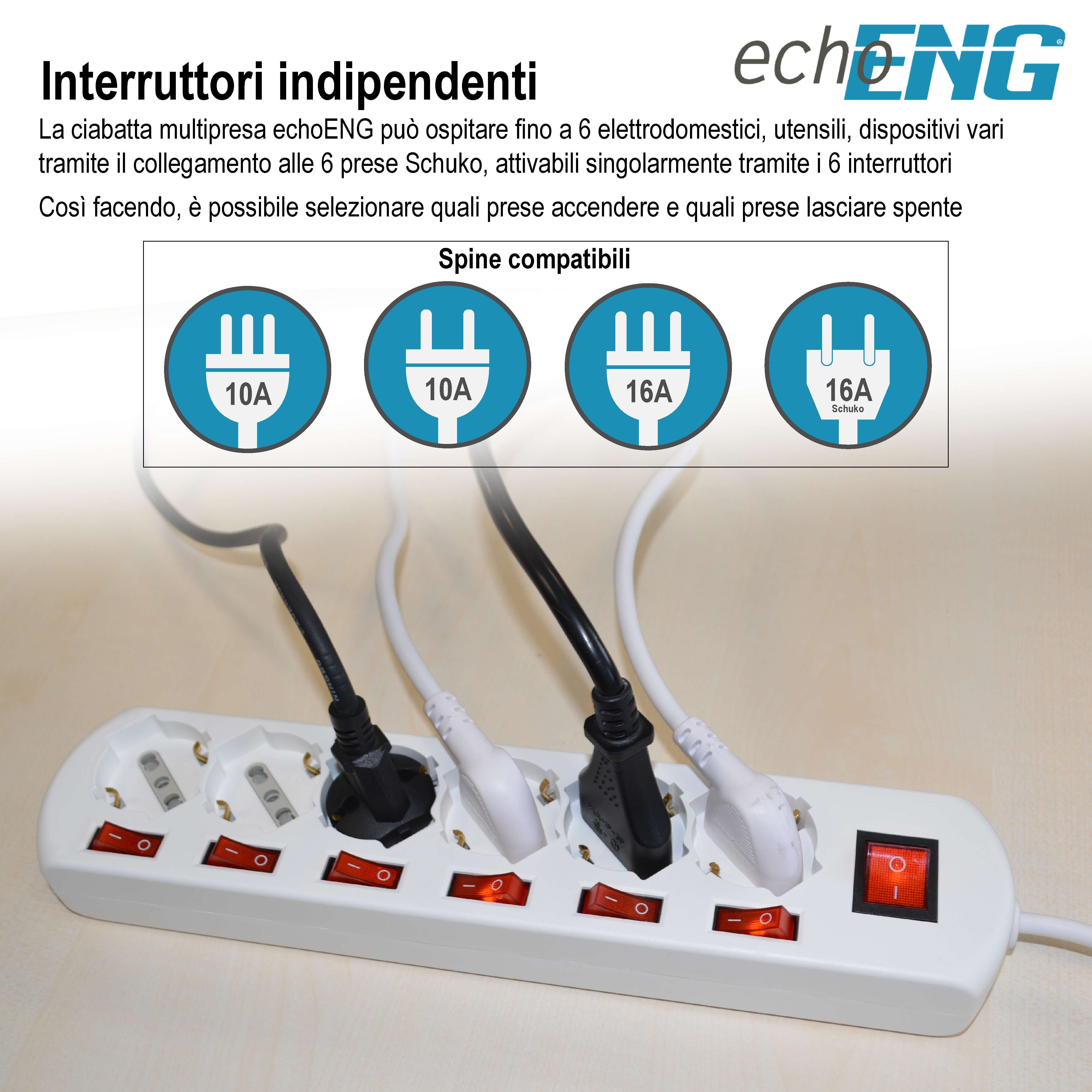 Multipresa 6 Posti 10/16A interruttori indipendenti cavo 1,5m echoENG UM 90 MIS6