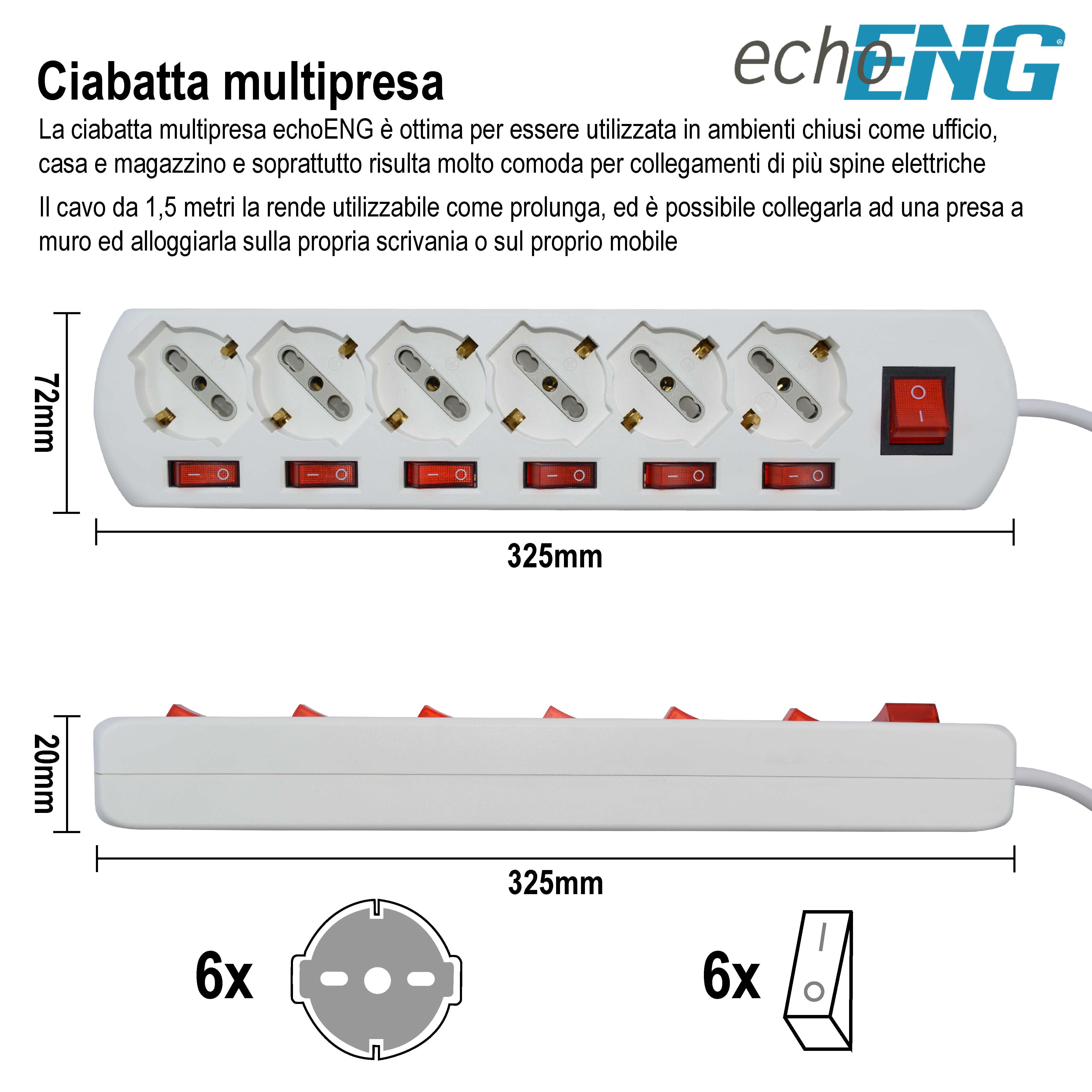 Multipresa 6 Posti 10/16A interruttori indipendenti cavo 1,5m echoENG UM 90 MIS6